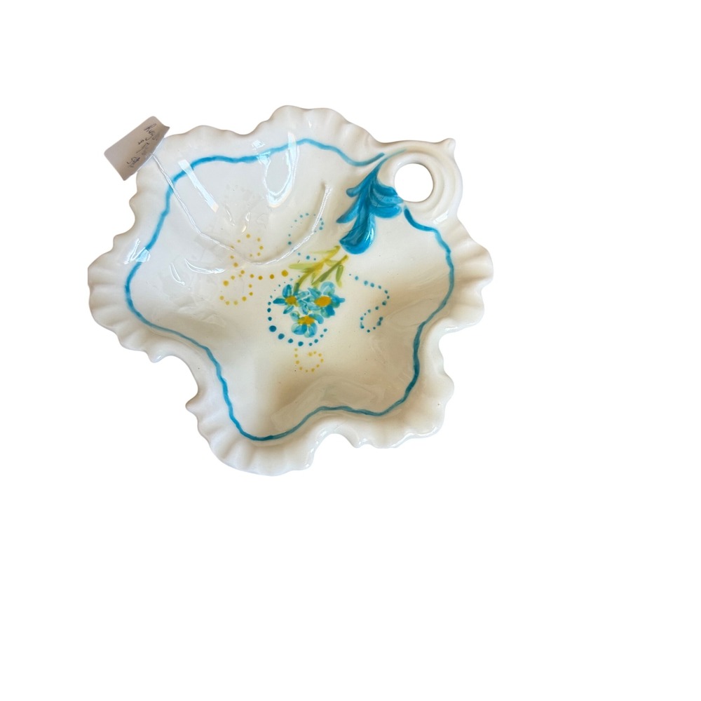 Vintage Ruffled Ceramic Trinket Dish Blue Floral Hand Painted Candy Bowl Handle